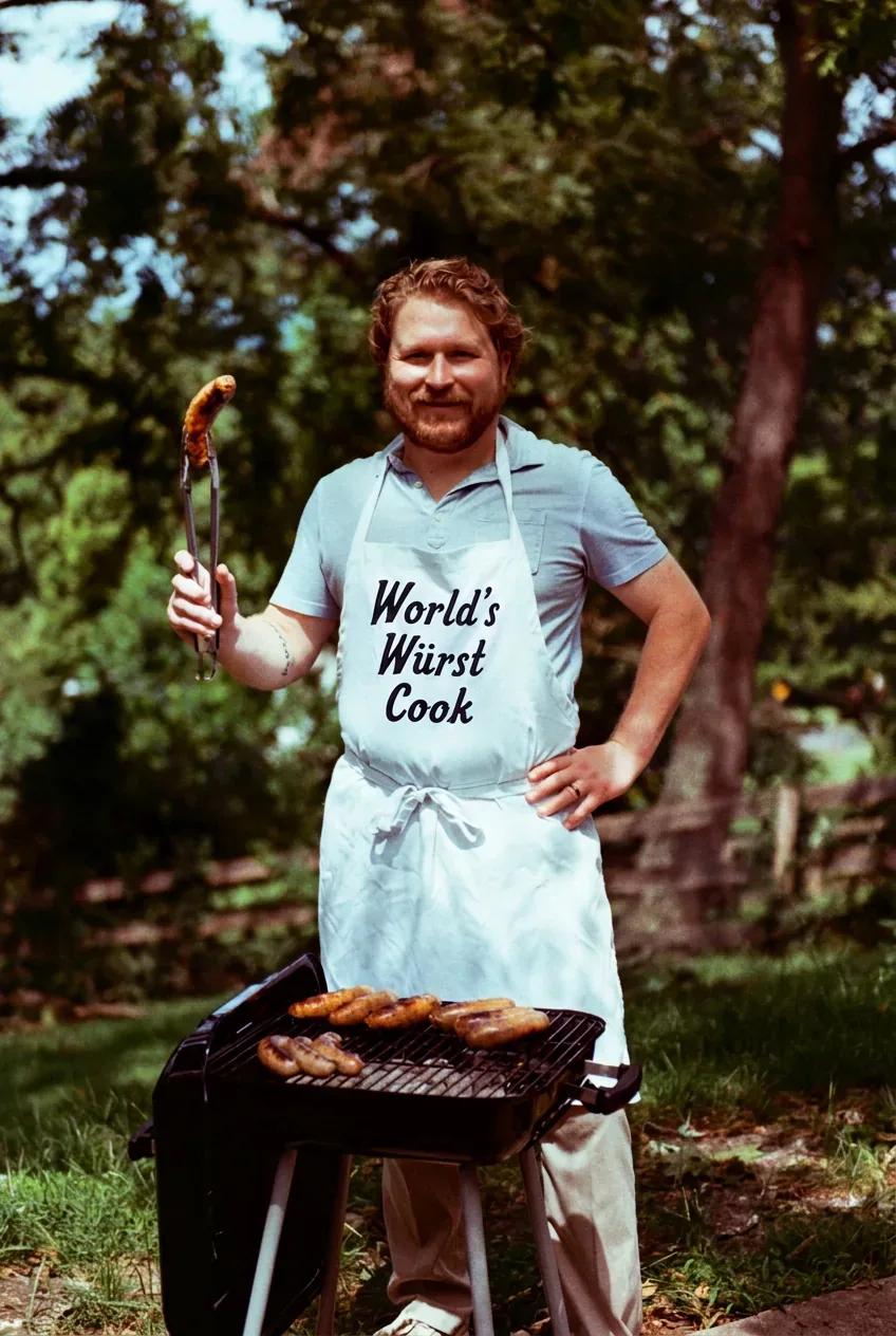 Mike Bader at the grill in a World&rsquo;s W&uuml;rst Cook apron